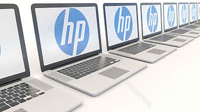 Modern laptops with HP Inc. logo. Computer technology conceptual editorial 4K clip, seamless loop