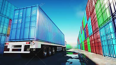 Truck in container depot, wharehouse, seaport. Cargo containers. Logistic and business concept. Realistic 4k animation.