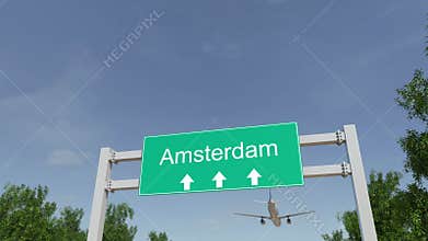 Airplane arriving to Amsterdam airport. Travelling to Netherlands conceptual 4K animation