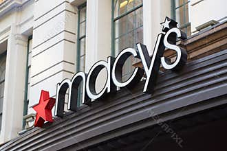 Macy`s department store sign in Herald Square, New York