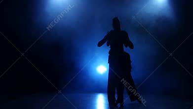 Silhouette of pair dancers performing modern dance in smoky studio