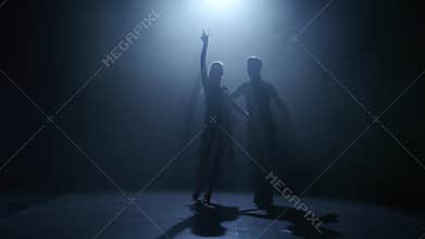 Dance element from the ballroom-sport program, silhouette couple ballroom, smoke