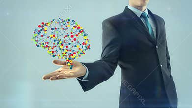 Business man businessman clever talent inspiration brain concept hold style design mind on hand white light background