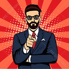 Hipster beard businessman pointing finger pop art retro vector illustration