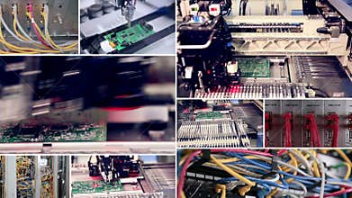 Technological background. Automated circuit board production. Video wall. Monitors, screens in motion.