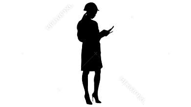 Silhouette Female architect in helmet reading contract and nodding her head