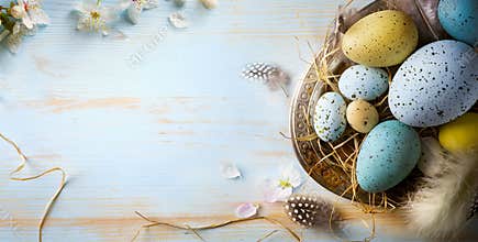 Easter background with Easter eggs and spring flowers. Top view