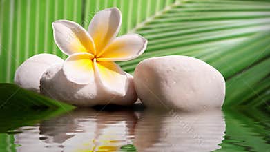 Seamless loop - Plumeria and zen white stone, water reflections, HD video