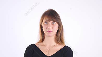 Young woman, disgust on face, pinches nose looks funny, something stinks, very bad smell, situation, isolated white