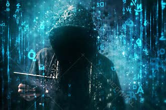 Computer hacker with hoodie in cyberspace surrounded by matrix code