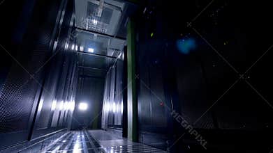 A data storage room with lights off.