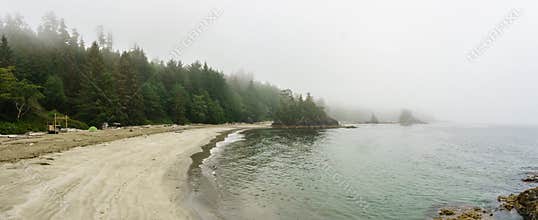 Beach on Pacific Ocean Coast morning and fog Vancouver Island Canada.