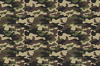 Camouflage seamless pattern background. Horizontal seamless banner. Classic clothing style masking camo repeat print. Green brown