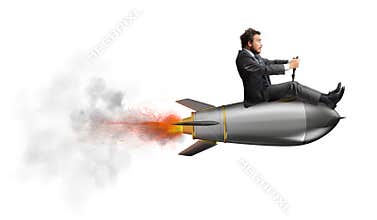 Businessman flying over a rocket. concept of company startup