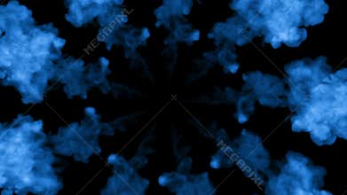Fluorescent blue ink or smoke forming star, isolated on black in slow motion. Blue pigment clouds in water. Use for ink