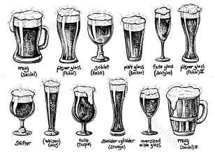 Beer glass and mugs types. Vector hand drawn vintage illustrations.