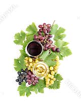 Red white wine glasses green grape vine leaves Food beverages