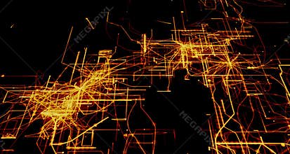 Connected power circuits light up 4k rendered technology background video in gold on black.