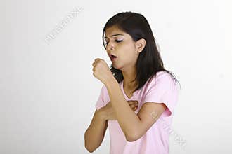 Slim girl in coughing pose