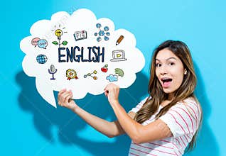 English text with young woman holding a speech bubble
