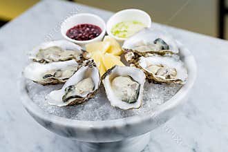 Fresh oysters platter with sauce and lemon
