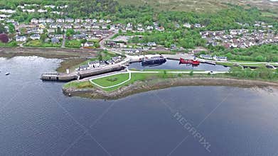 Flying over the Loch Linnhetowards the famous locks in Fort William