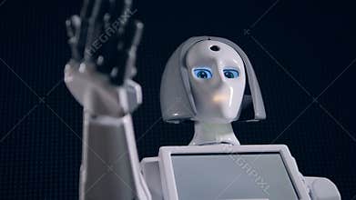 A robot in low view makes an invite gesture.