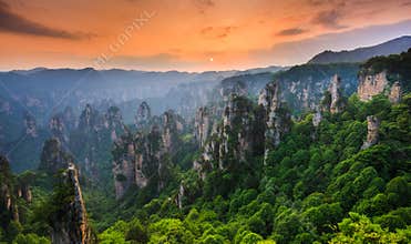 Zhangjiajie National forest park at sunset, Wulingyuan, Hunan,