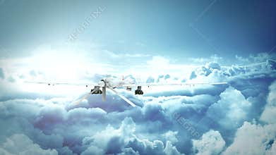 Military predator drone flying over the clouds