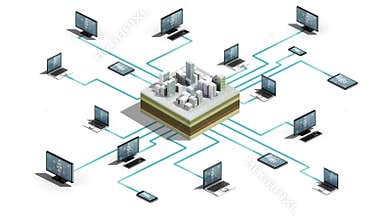 Smart city, building connecting connect server system. Internet of things technology, 3D dimension view.