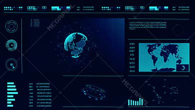 Future concept virtual touch user interface HUD with a world map, graphs, hologram and plexus. Interactive screen with