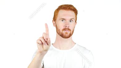 Handsome red hair man showing no sign, on white background
