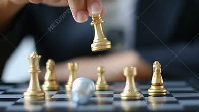 Close up shot hand of business woman moving golden chess to defeat a silver king chess on white and black chess board for business
