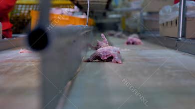 Workers choose the best scrap pieces of chicken meat for packing and selling. 4K.