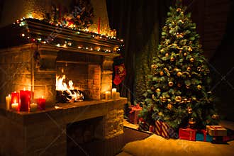 Living room interior with decorated fireplace and christmas tree