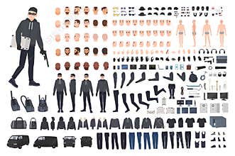 Thief, burglar or robber DIY kit. Collection of flat male cartoon character body parts in different positions, skin