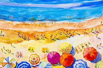 Painting watercolor seascape colorful of lovers, family vacation