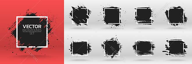 Grunge backgrounds set. Brush black paint ink stroke over square frame.