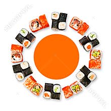 Set of sushi, maki and rolls isolated on white background