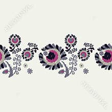 Seamless decorative floral background. Seamless border. Embroidery on fabric. Retro motif.