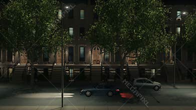 Night street with apartment buildings and cars 4K