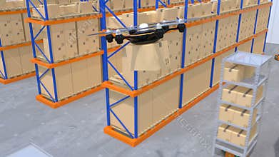 Warehouse robots and drone carrying goods
