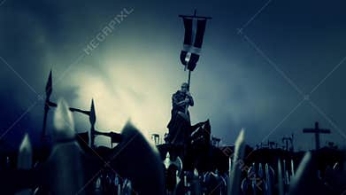 Christian Monk Holding Crusader Flag while Army March to Battle