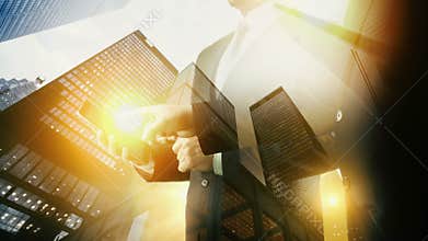 Business center Businessman using digital tablet. Double exposure.