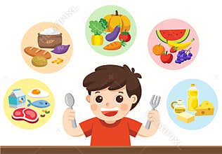 A cute boy with The five food group. Let`s get something to eat!