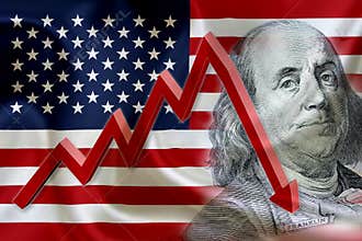 Flag of the United States of America with the face of Benjamin Franklin.