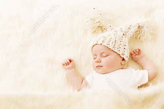 Baby Sleeping, Newborn Kid Portrait in Hat, New Born