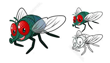 Detailed Fly Cartoon Character with Flat Design and Line Art Black and White Version