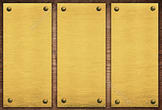 Composition of golden plaque, banner on wooden