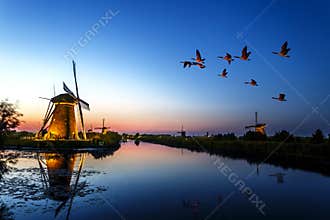 Sunset at Unesco world heritage windmills